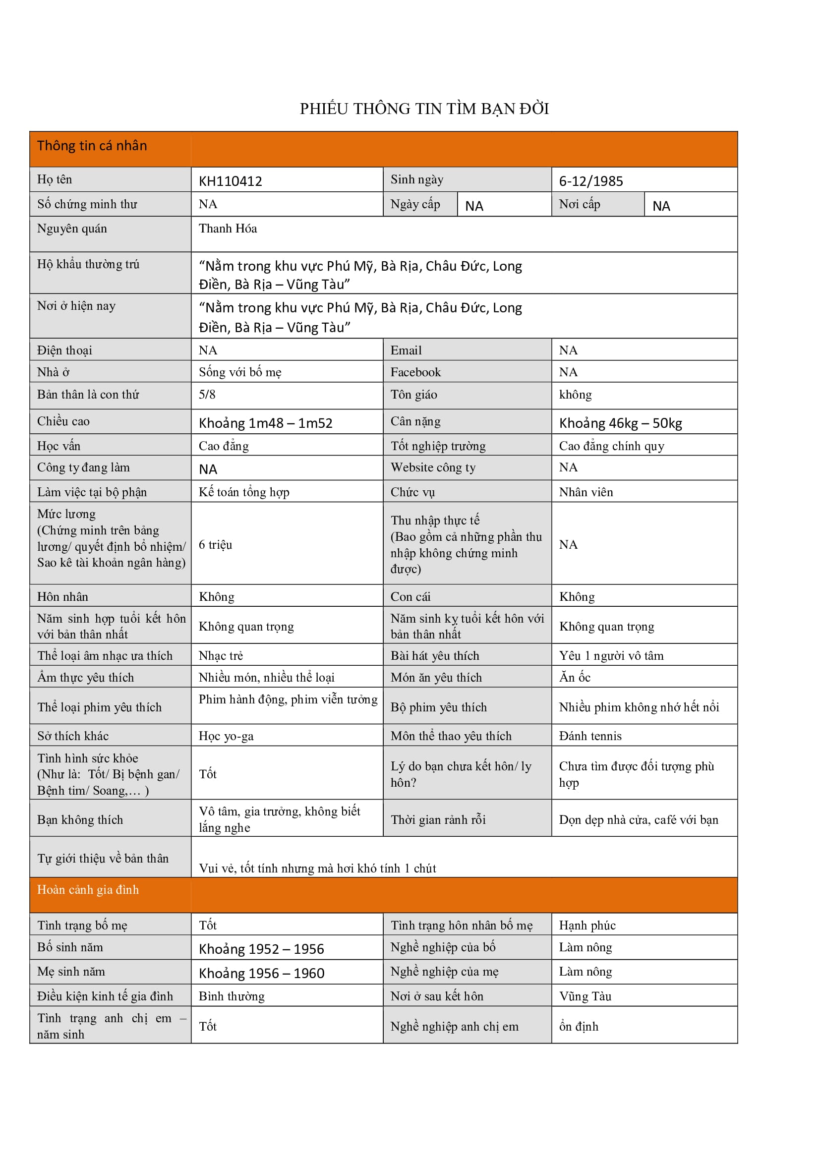 KH110412 | Nữ giới TÌM NGƯỜI KẾT HÔN Vũng Tàu, 1985 | M26 - TT43 | 1.000.000 đ, Kết bạn