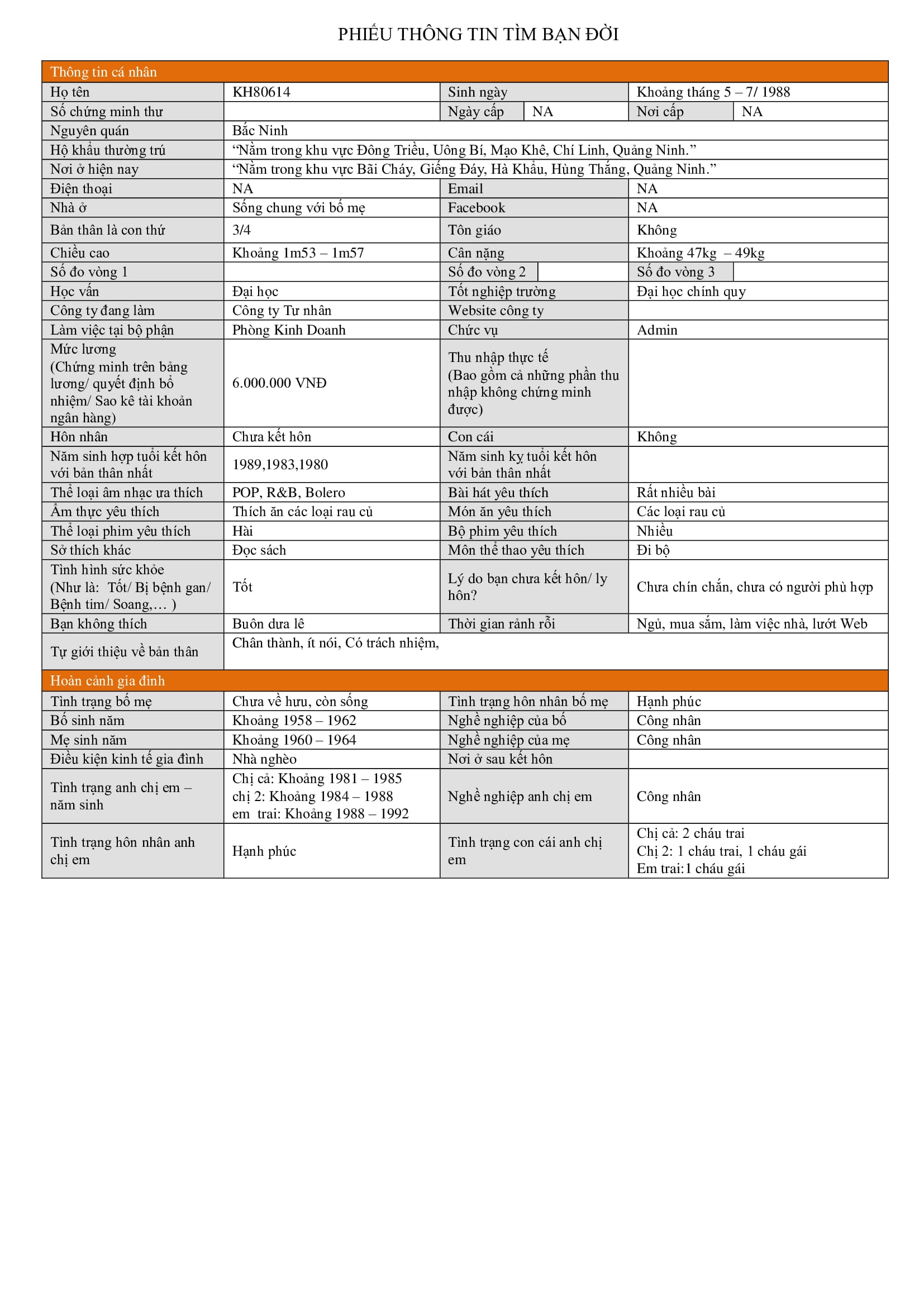KH80614 | Nữ giới TÌM CHỒNG TỐT Quảng Ninh, 1988 | M26 - TT43 | 2.000.000 đ, kết bạn