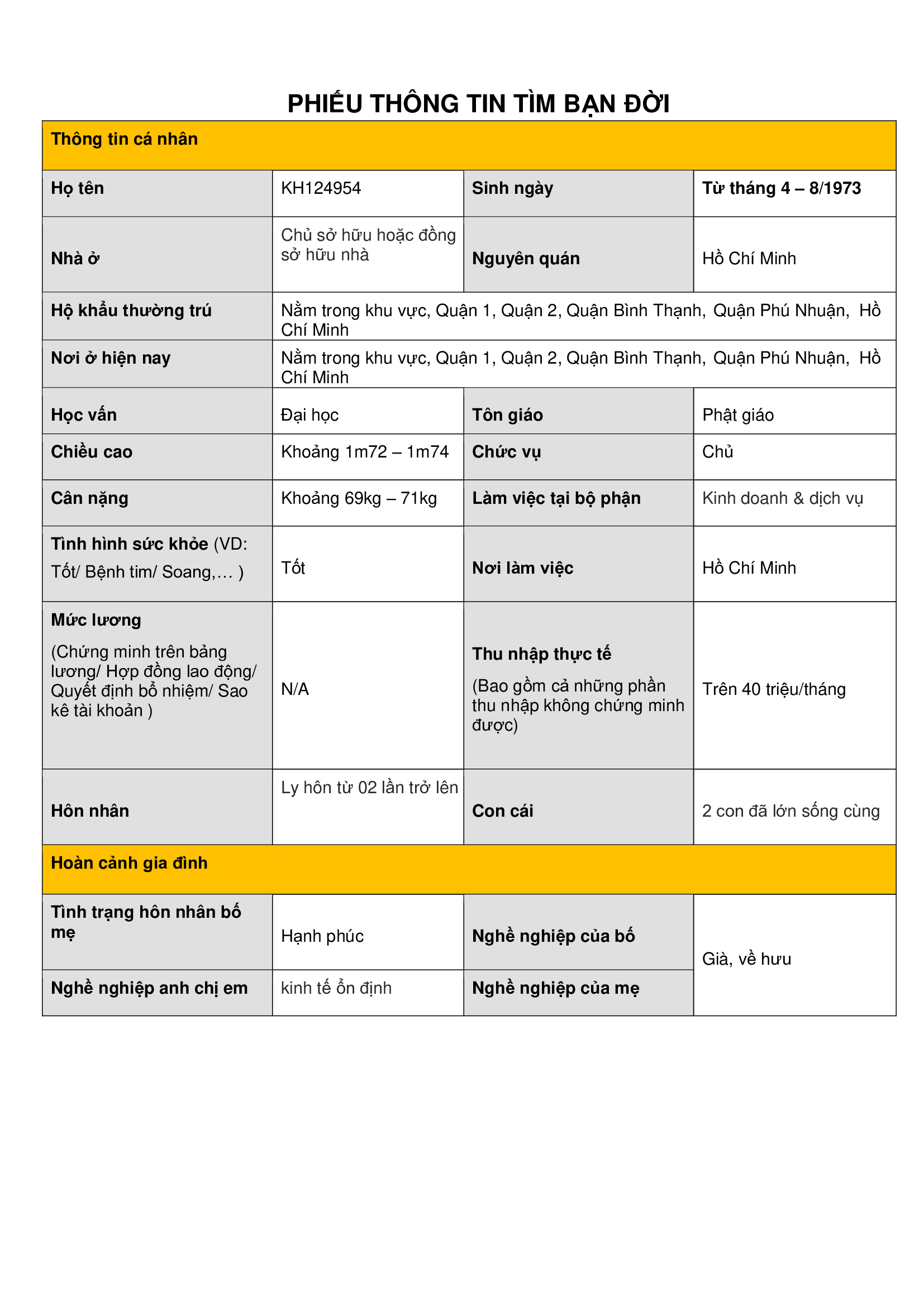 KH124954 | Nam giới 1973 HCM tìm bạn gái độc thân | M26-TT45 | 9.000.000 đ Tìm vợ