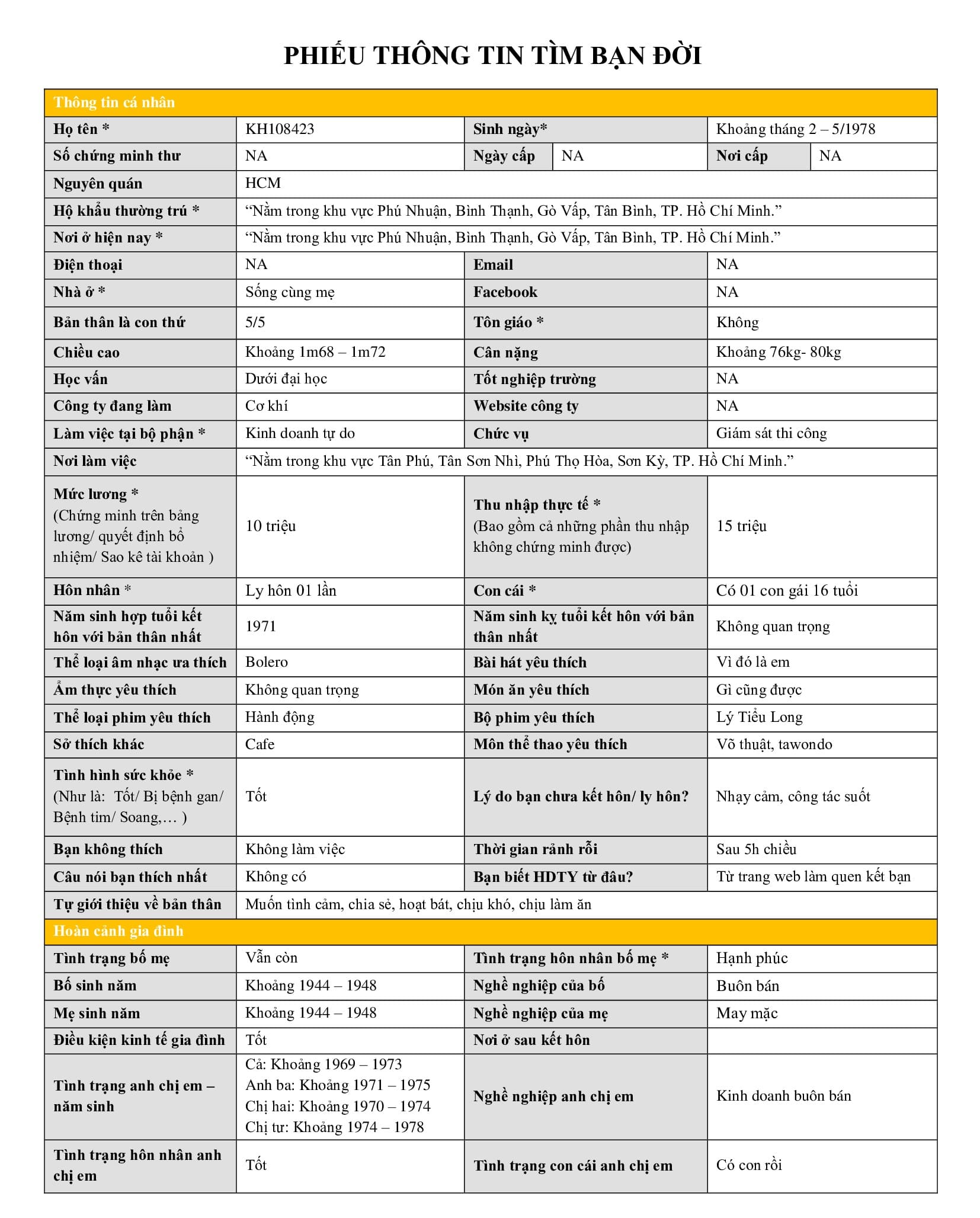 KH108423 | Nam giới TÌM ĐỐI TƯỢNG KẾT HÔN HCM, 1978 | M26 - TT43 | 1.000.000 đ, kết bạn bốn phương