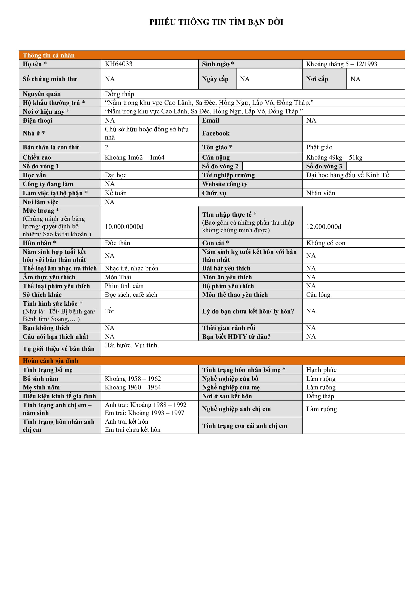 KH64033 | Nữ giới TÌM TÌNH YÊU Đồng Tháp, 1993 | M26 - TT43 |3.000.000 đ, tình yêu