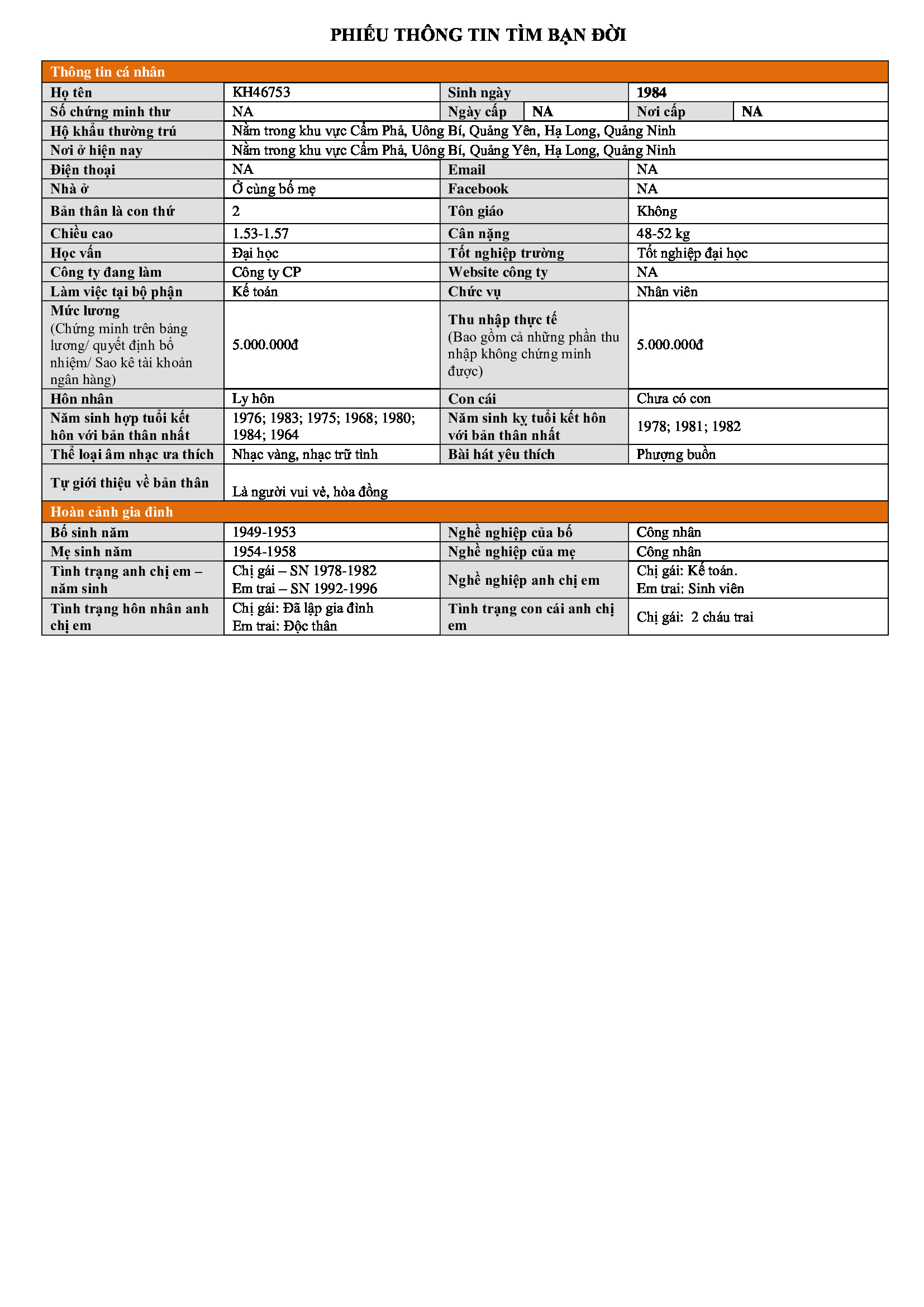 KH46753 | Nữ tìm bạn đời Quảng Ninh, 1984 | M26-TT44 | 1.000.000 đ, Tìm người yêu